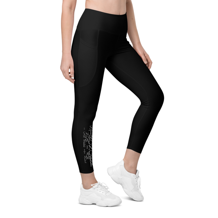 Leggings with pockets - Now I Am Stronger, Darker Hearts, black