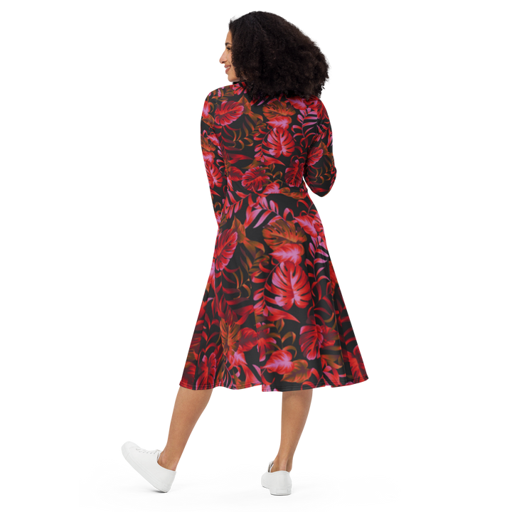 Long Sleeve Midi Dress with Pockets - Leaves of the Night