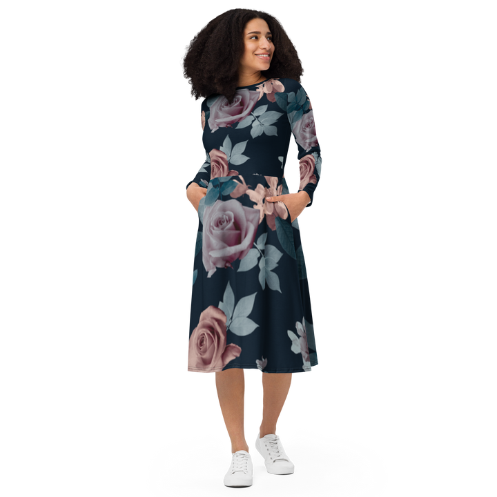 Long Sleeve Midi Dress - Vintage Roses