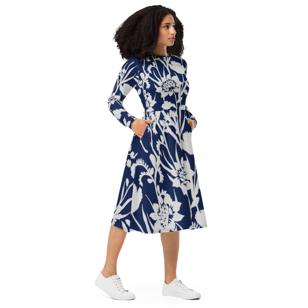 Long Sleeve Midi Dress with Pockets - Blue Flower