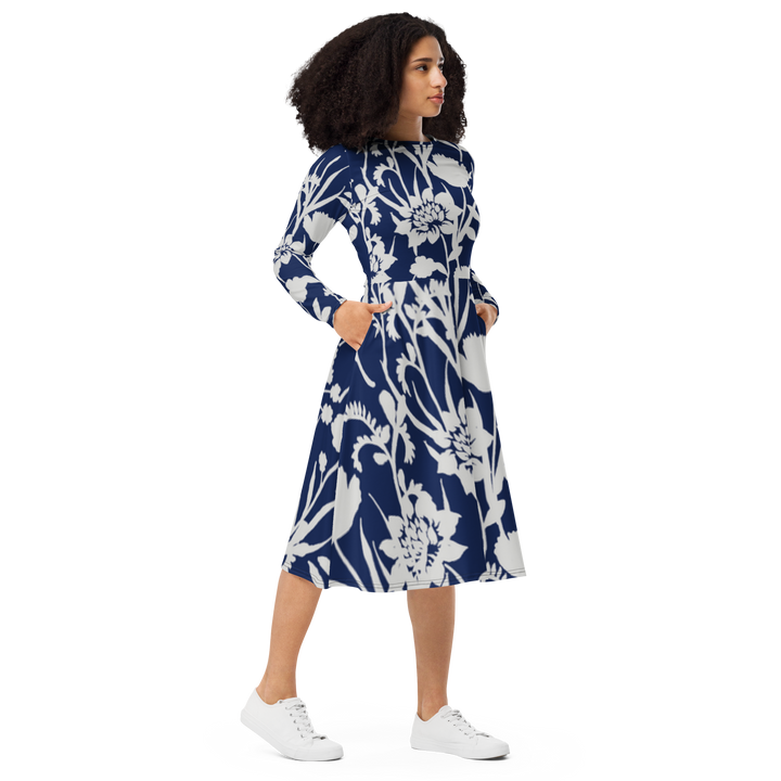 Long Sleeve Midi Dress with Pockets - Blue Flower