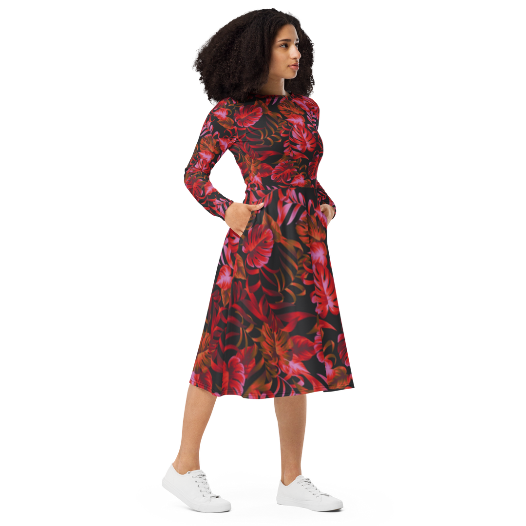 Long Sleeve Midi Dress with Pockets - Leaves of the Night