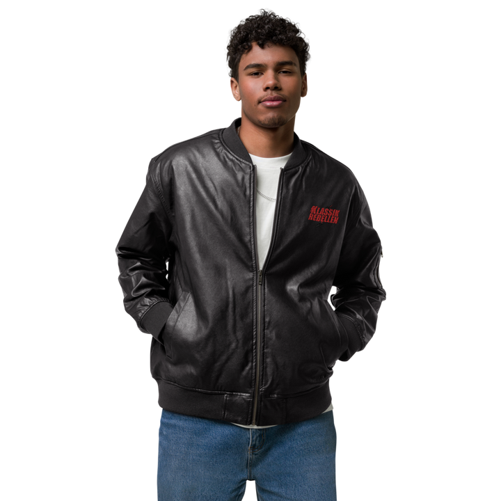 Men's faux leather bomber jacket - classic rebel embroidered