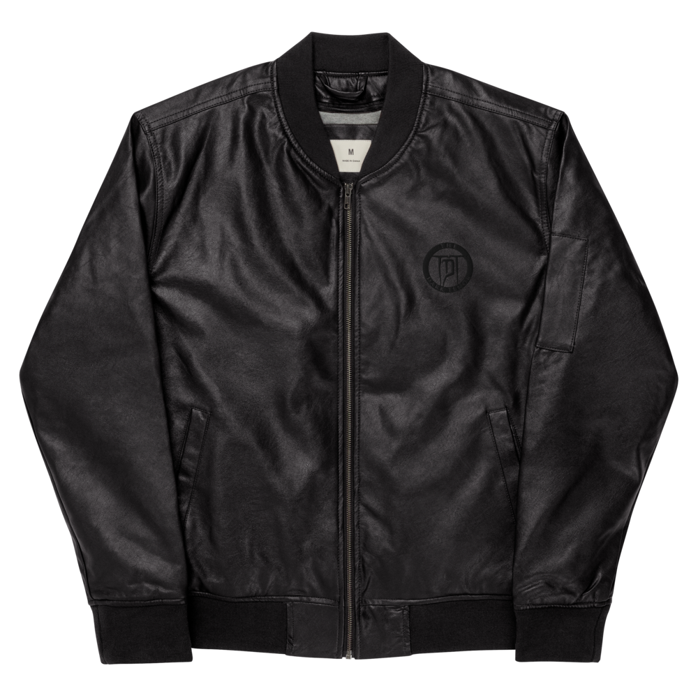 Men's faux leather bomber jacket - embroidered coat of arms, black on black