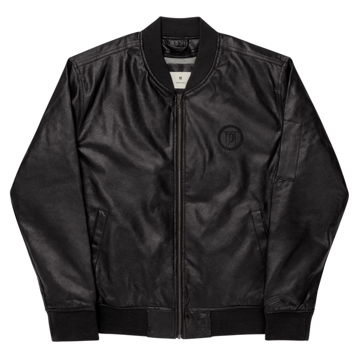 Men's faux leather bomber jacket - embroidered coat of arms, black on black