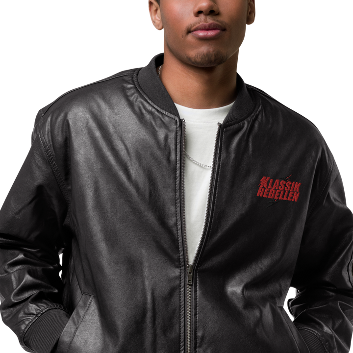 Men's faux leather bomber jacket - classic rebel embroidered