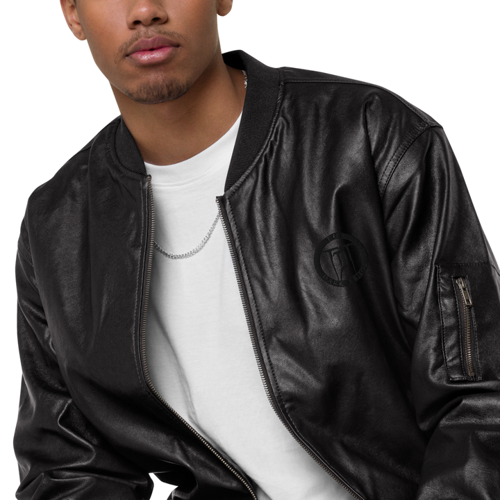 Men's faux leather bomber jacket - embroidered coat of arms, black on black