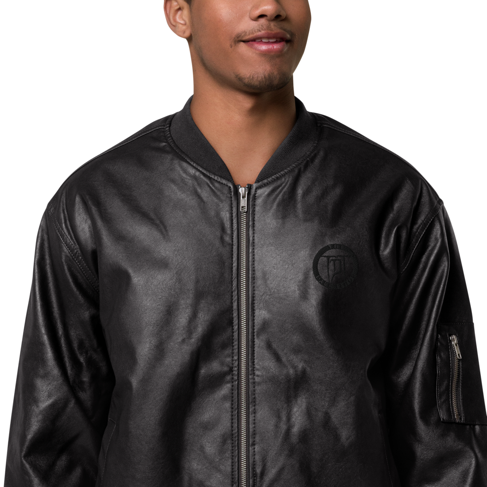 Men's faux leather bomber jacket - embroidered coat of arms, black on black