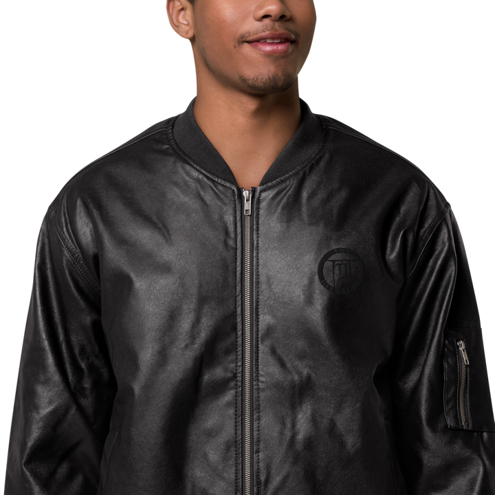 Men's faux leather bomber jacket - embroidered coat of arms, black on black