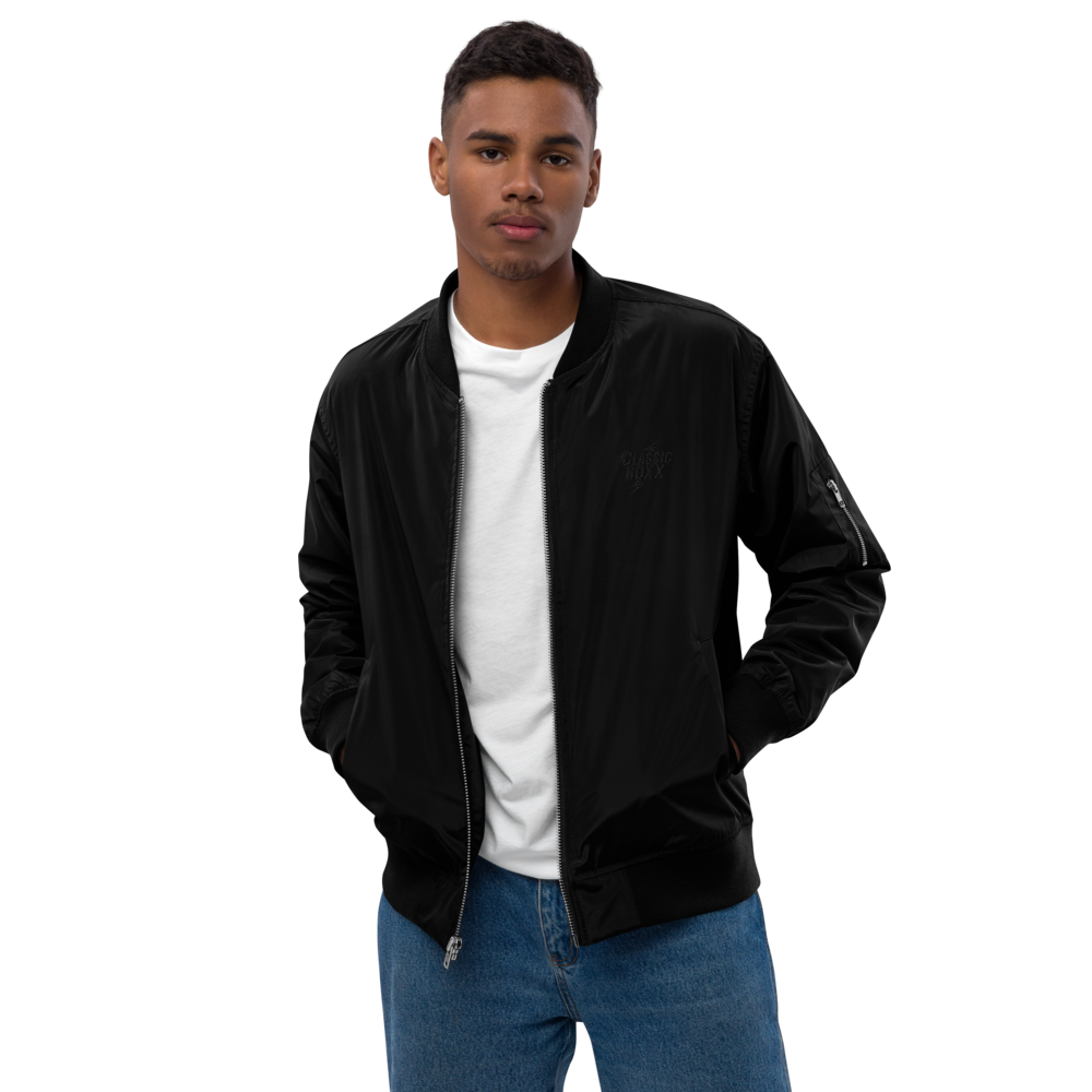 Premium Recycled Bomber Jacket Men - Classic RoXX Logo, embroidered, black on black