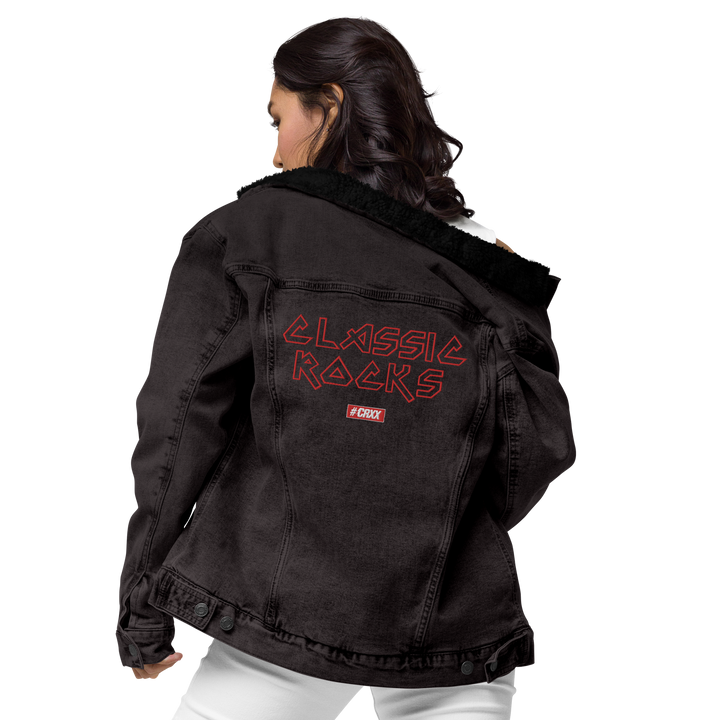 Sherpa denim jacket women - Classic Rocks with crest, embroidered