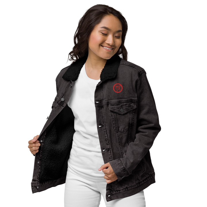 Sherpa denim jacket women - Classic Rocks with crest, embroidered