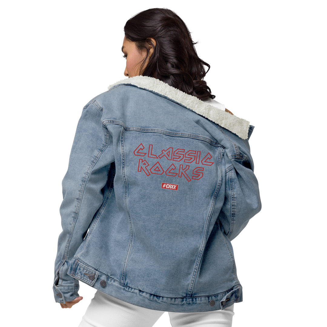 Sherpa denim jacket women - Classic Rocks with crest, embroidered