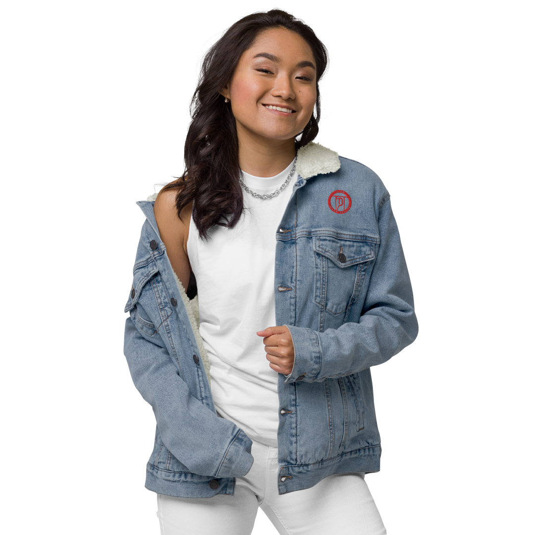 Sherpa denim jacket women - Classic Rocks with crest, embroidered