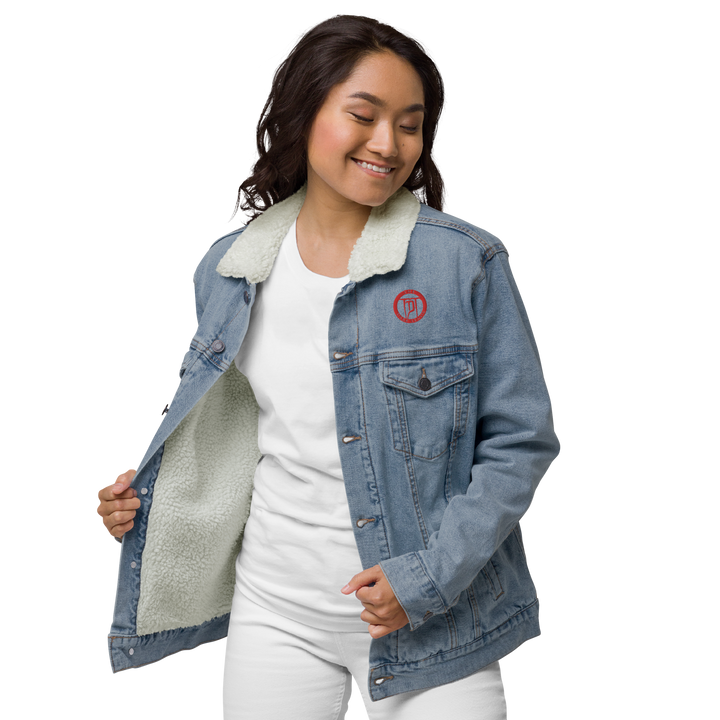 Sherpa denim jacket women - Classic Rocks with crest, embroidered