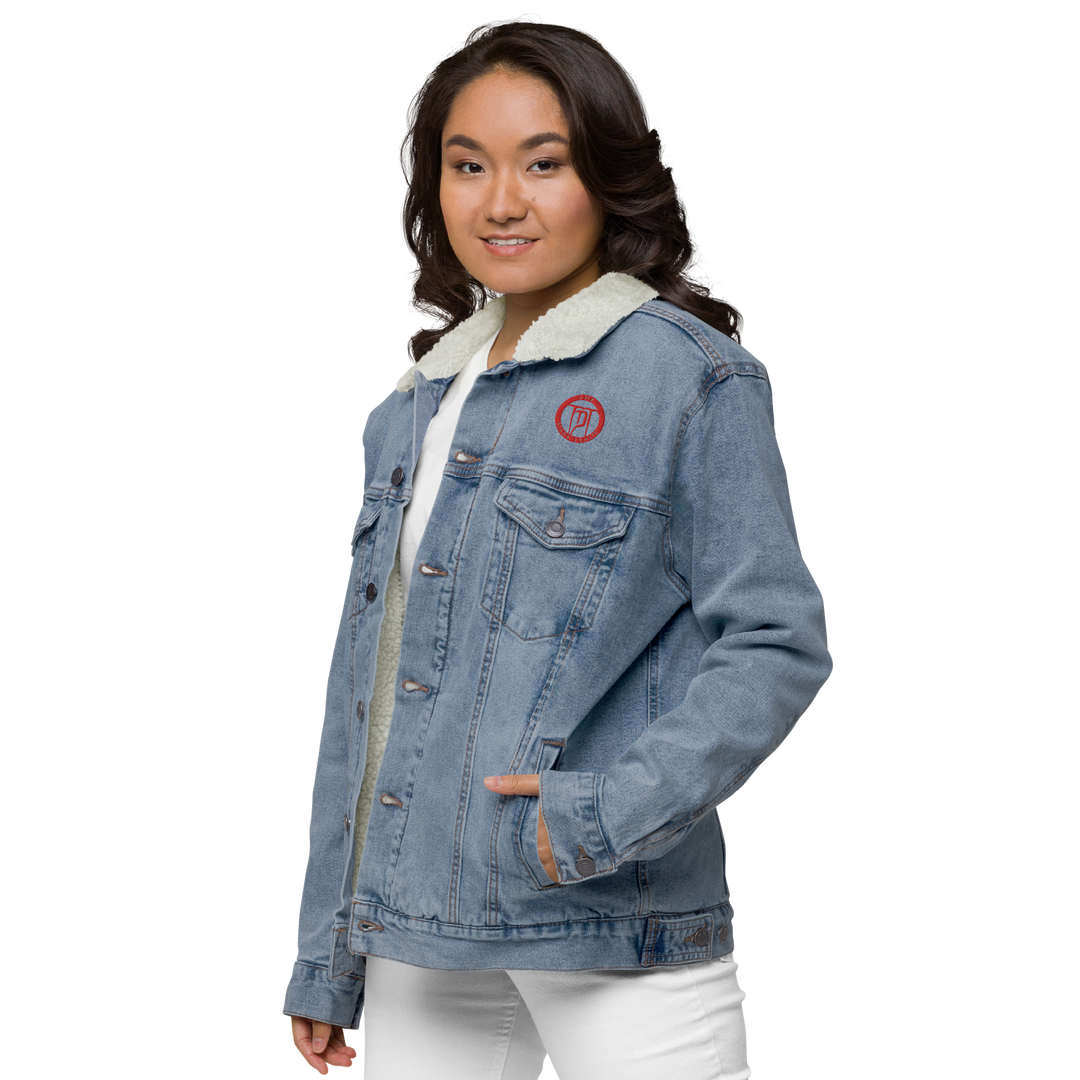 Sherpa denim jacket women - Classic Rocks with crest, embroidered